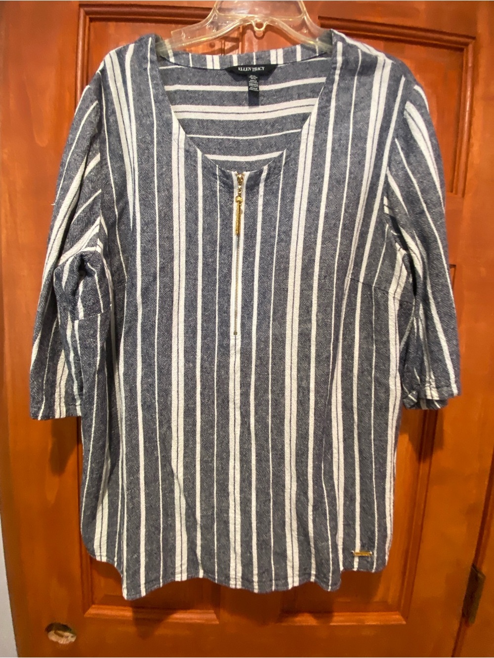 Ellen Tracy Navy and White Striped Zip-Front Top with Gold Tassel